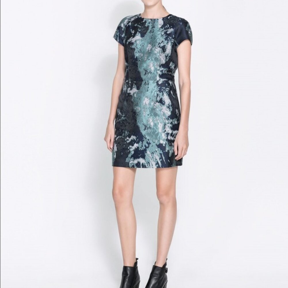 Zara Basic jacquard seafoam navy blue fitted dress size XS